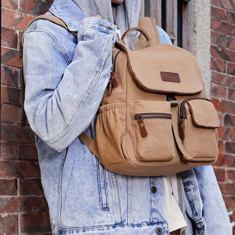 Vintage Women's Canvas And Leather Backpack Purse Rucksack With Pockets For Women