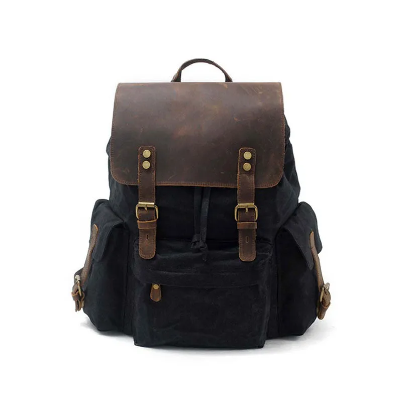 Waterproof Canvas Backpack With Leather Flip