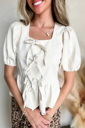 White Bow Knot Decor Square Neck Puff Sleeve Peplum Blouse