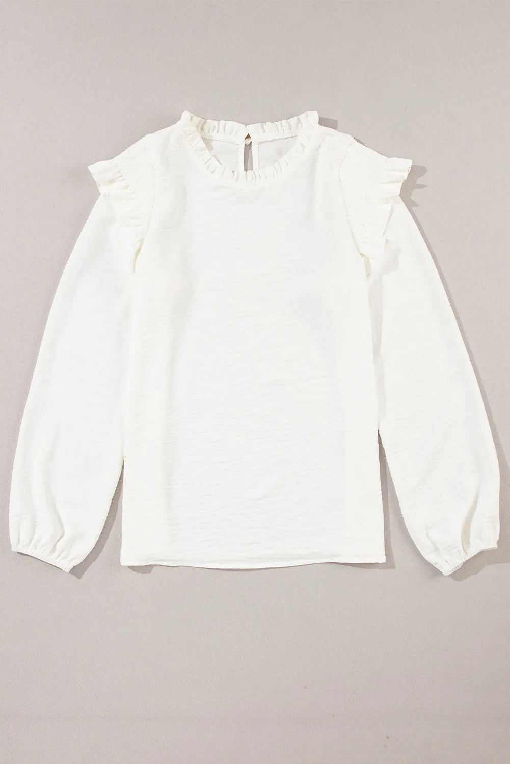 White Frilled Neck Ruffled Trim Bubble Sleeve Blouse