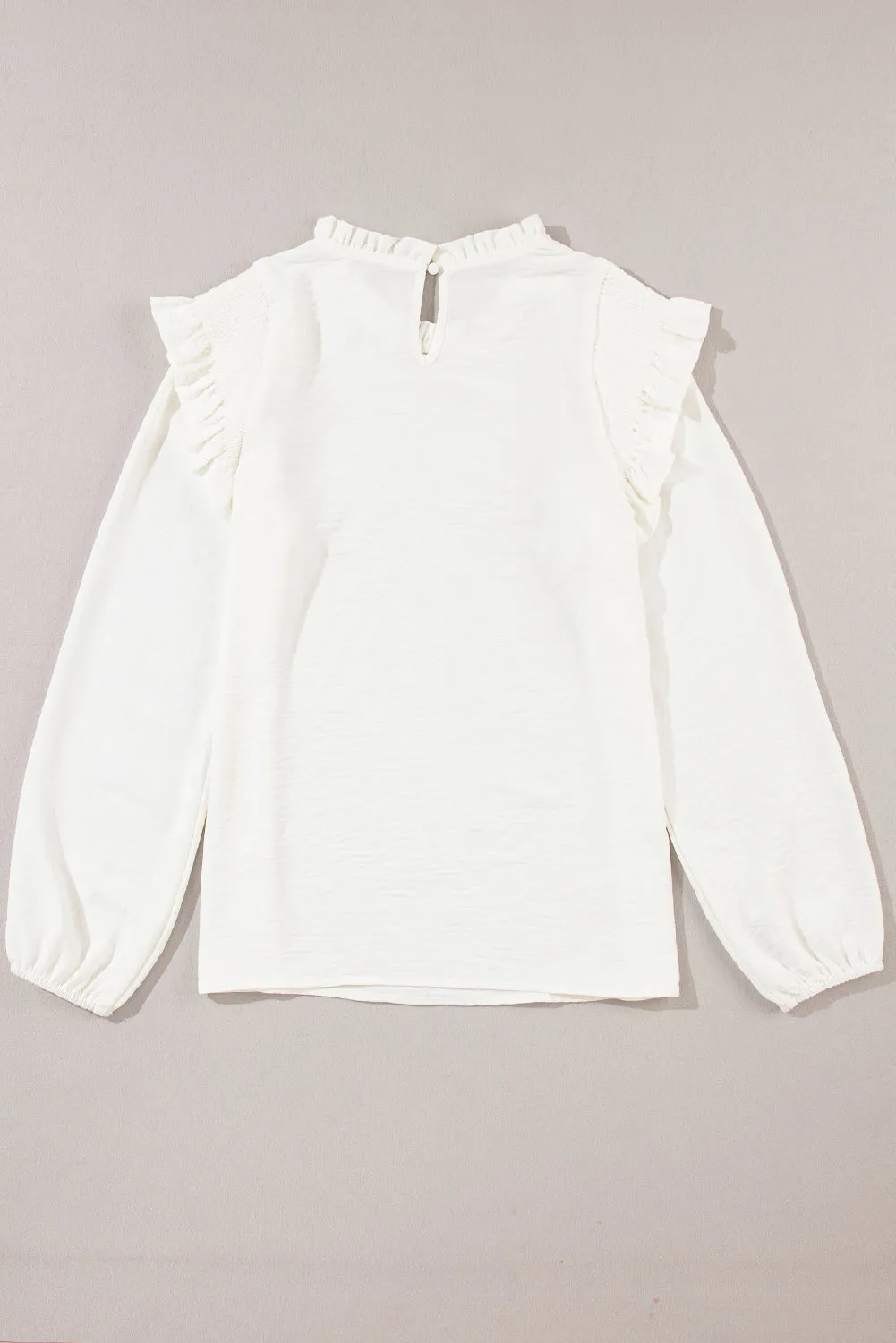 White Frilled Neck Ruffled Trim Bubble Sleeve Blouse