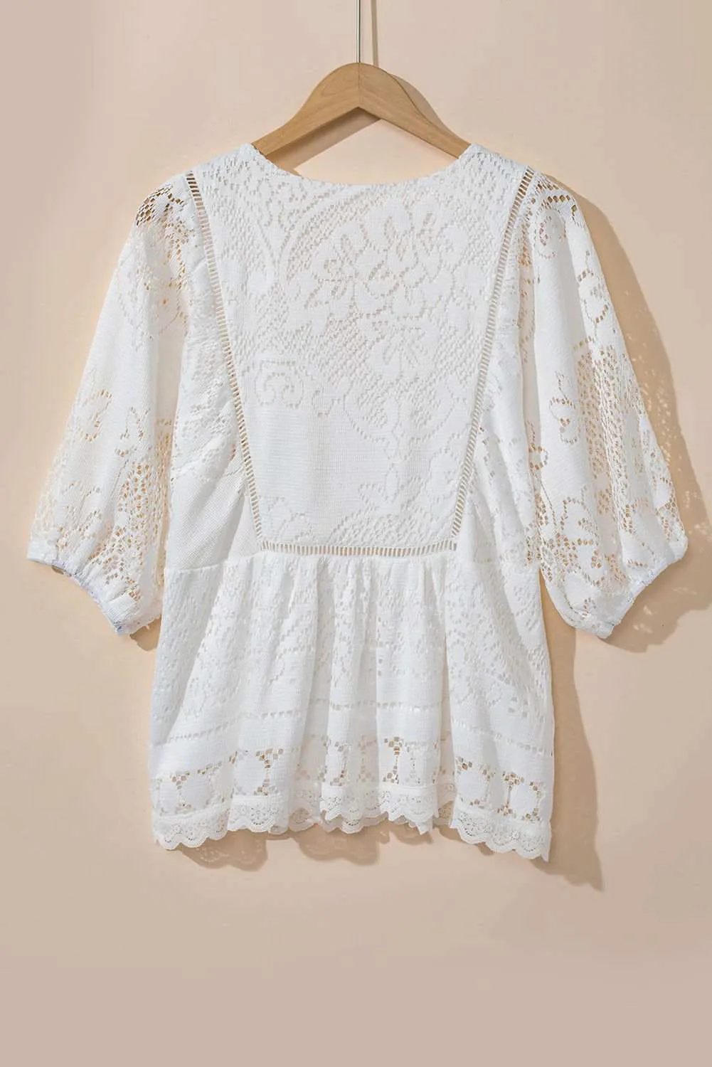 White Lace Crochet Hollowed Scallop Hem V Neck Blouse