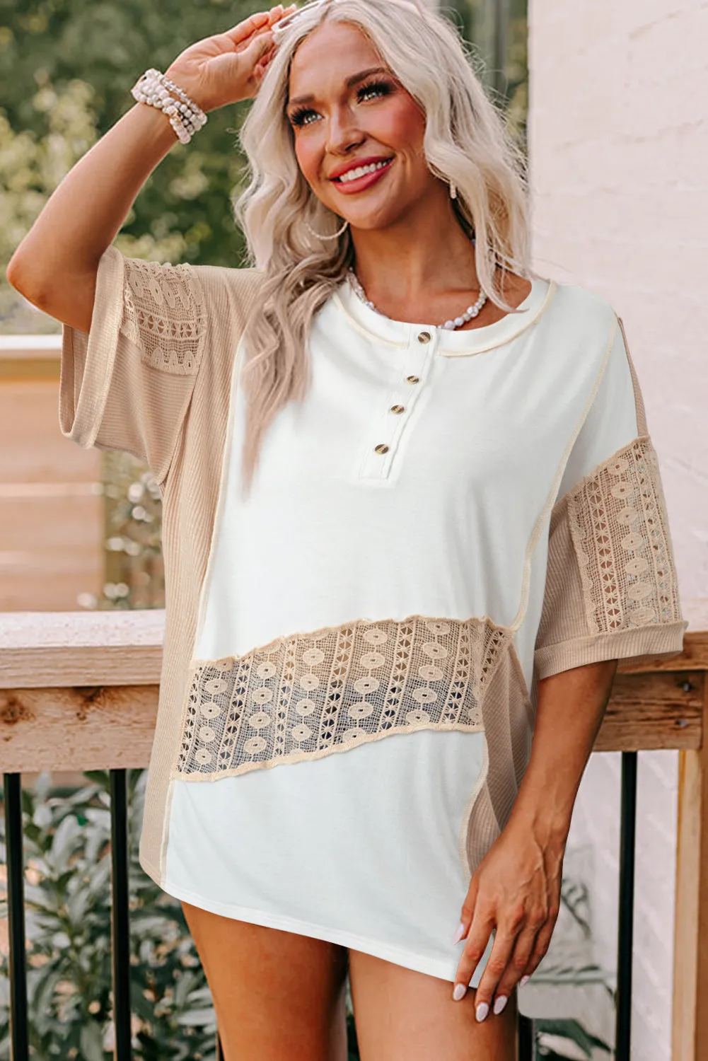 White Lace Splicing Ribbed Patchwork Short Sleeve Henley Top