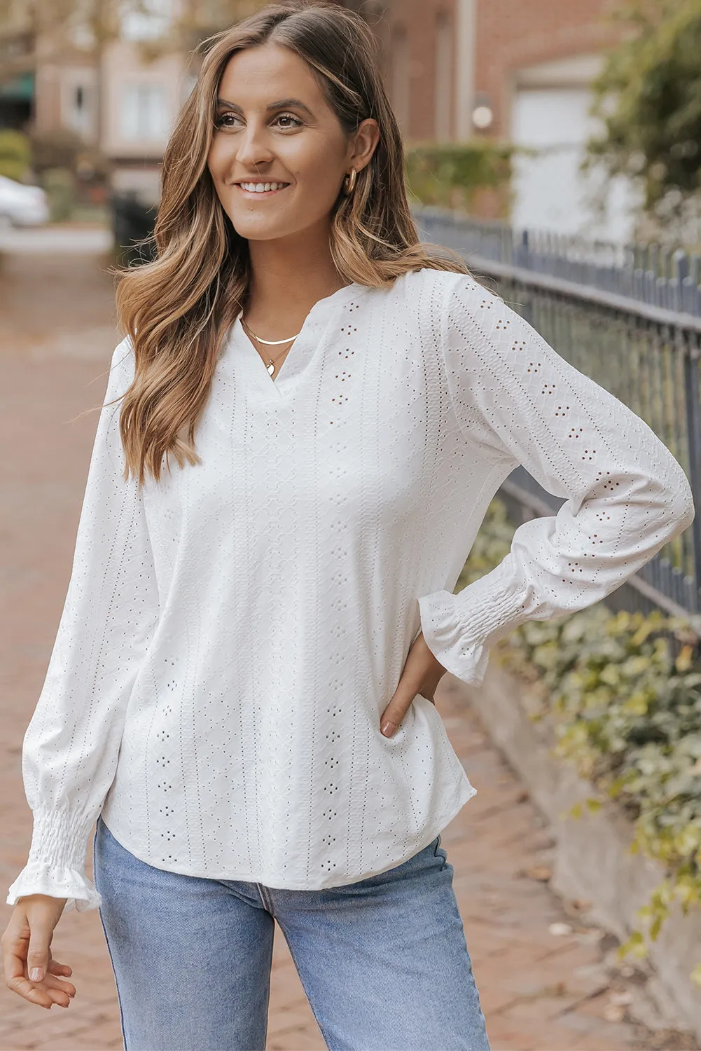 White Split Neck Textured Loose Blouse