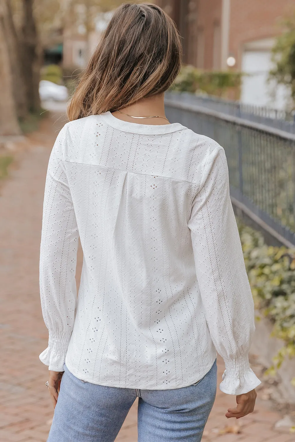 White Split Neck Textured Loose Blouse