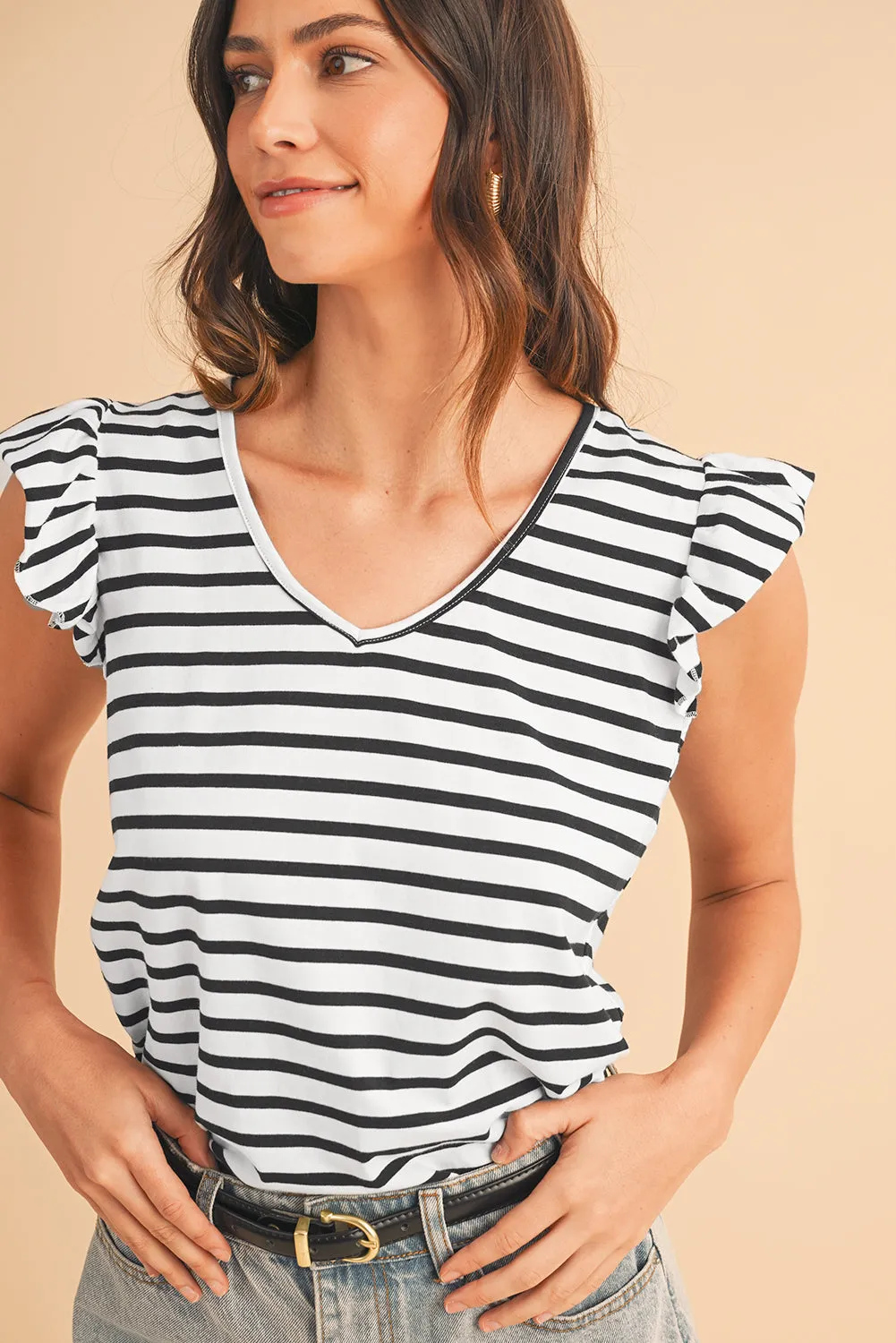 White Stripe V Neck Knotted Backless Ruffle T Shirt