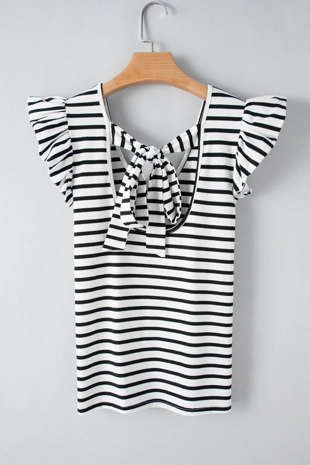 White Stripe V Neck Knotted Backless Ruffle T Shirt