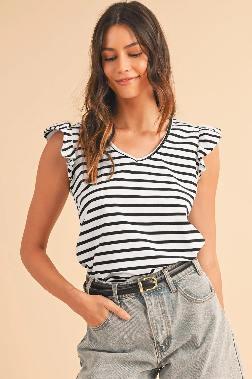 White Stripe V Neck Knotted Backless Ruffle T Shirt