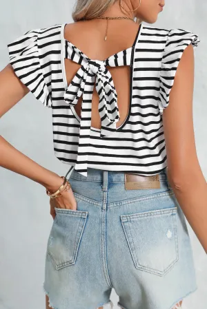 White Stripe V Neck Knotted Backless Ruffle T Shirt