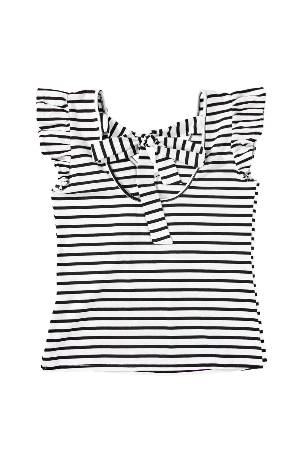 White Stripe V Neck Knotted Backless Ruffle T Shirt