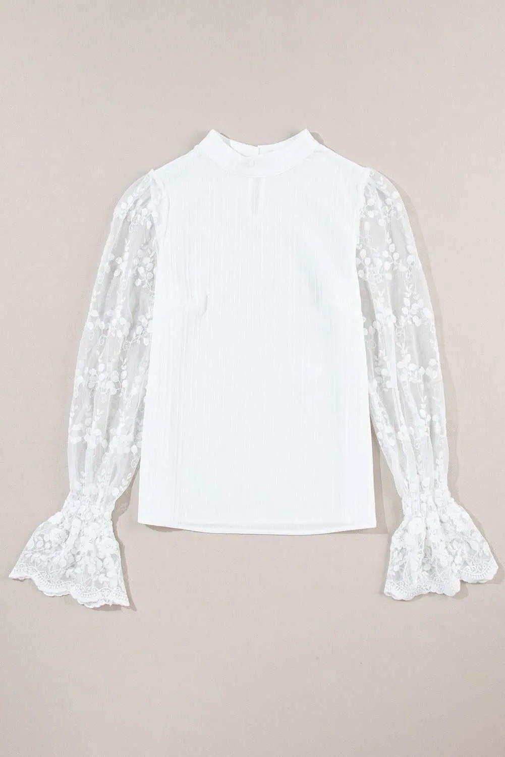 White Textured Contrast Lace Sleeve Mock Neck Blouse