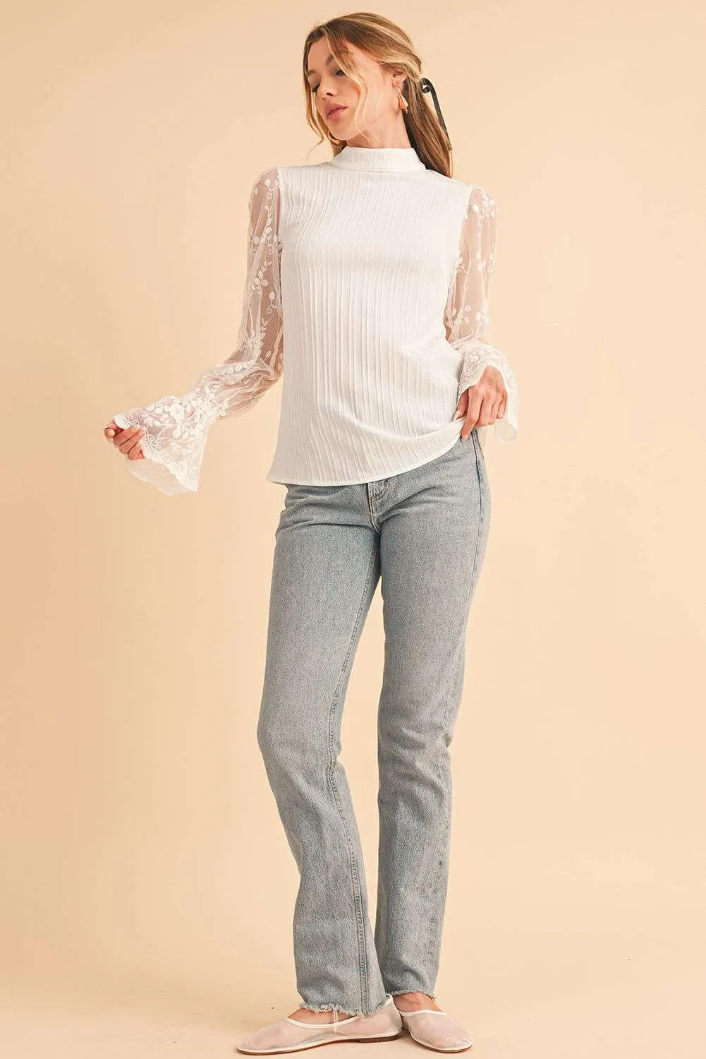 White Textured Contrast Lace Sleeve Mock Neck Blouse