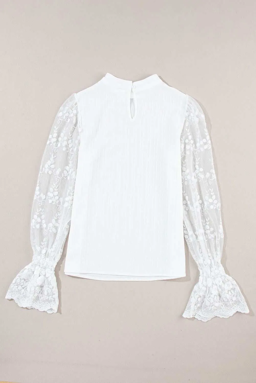 White Textured Contrast Lace Sleeve Mock Neck Blouse