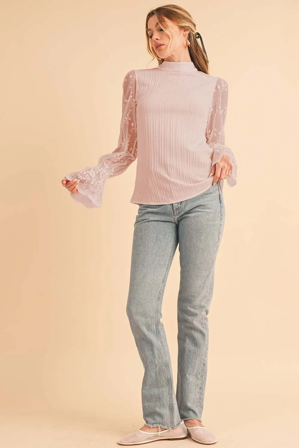 White Textured Contrast Lace Sleeve Mock Neck Blouse