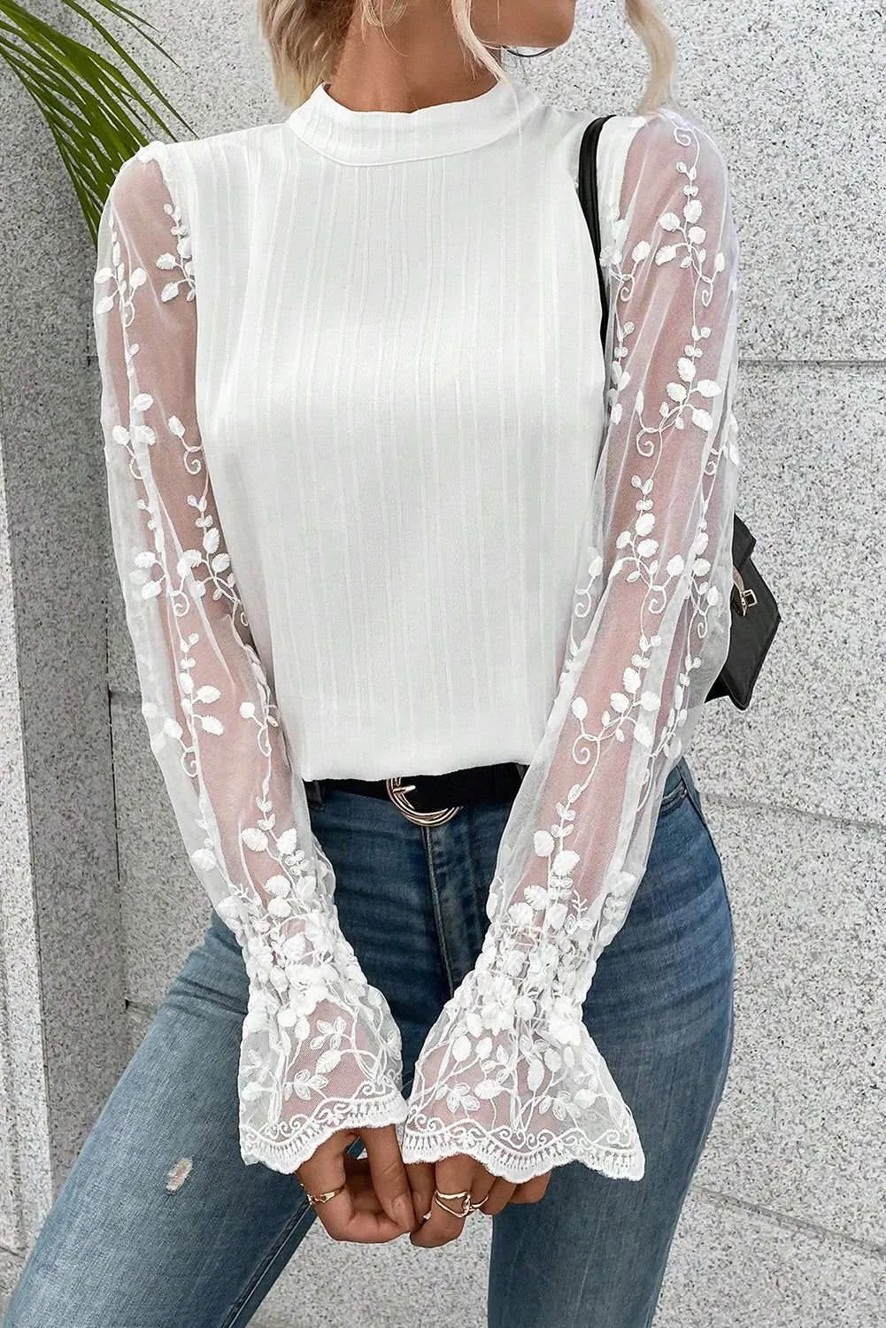 White Textured Contrast Lace Sleeve Mock Neck Blouse