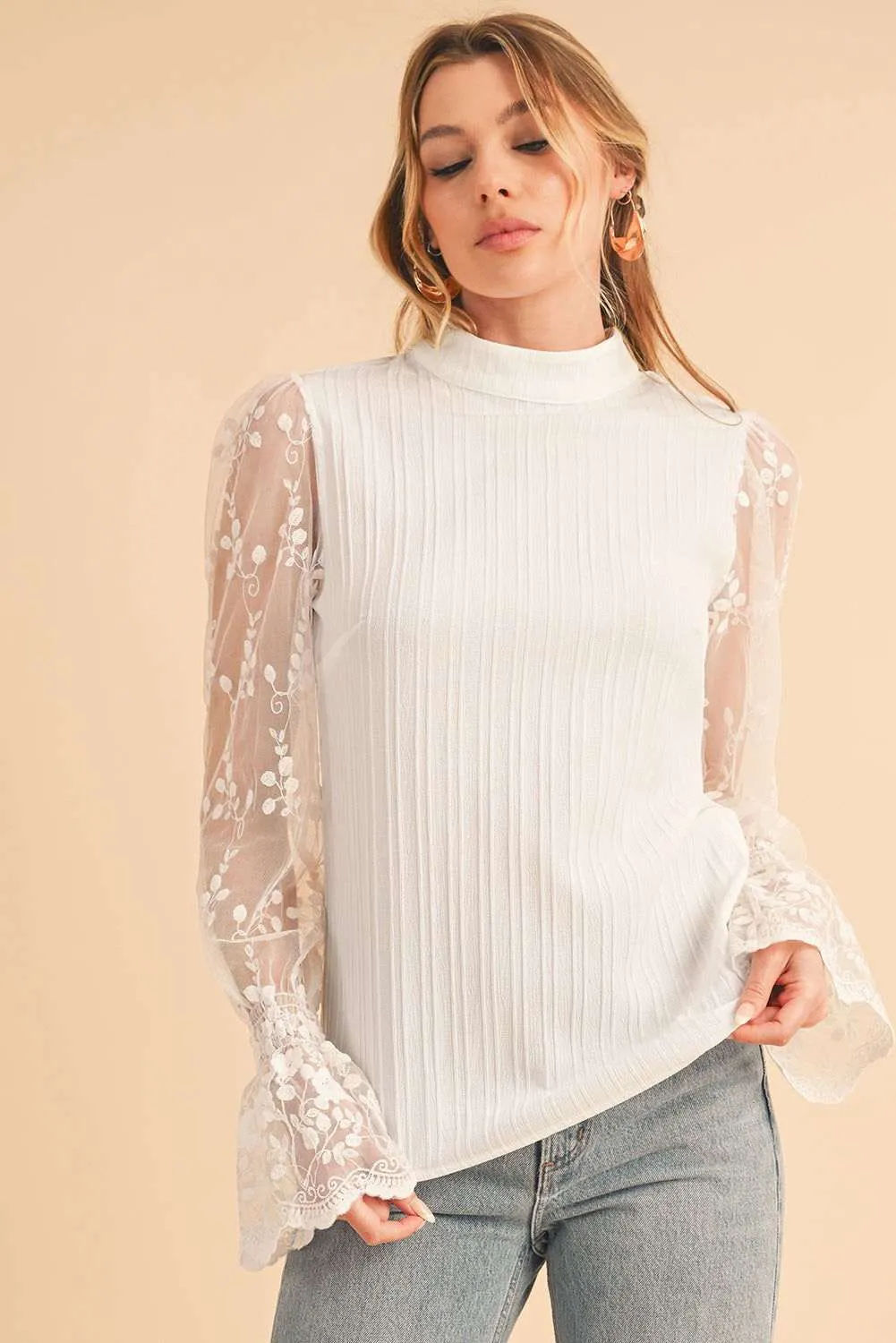 White Textured Contrast Lace Sleeve Mock Neck Blouse