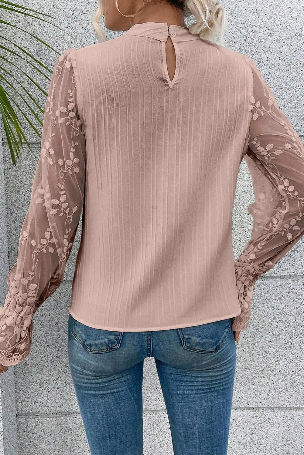 White Textured Contrast Lace Sleeve Mock Neck Blouse