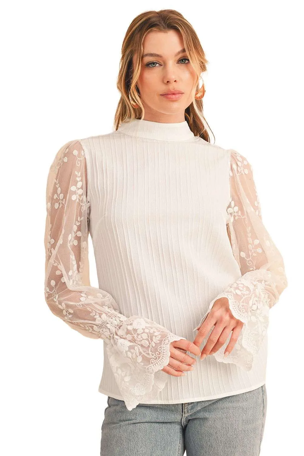 White Textured Contrast Lace Sleeve Mock Neck Blouse