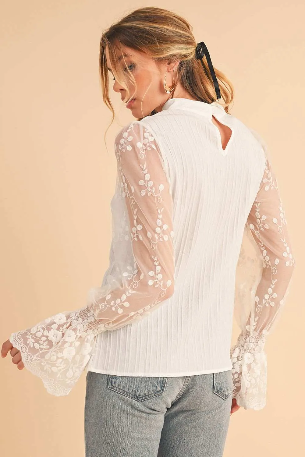 White Textured Contrast Lace Sleeve Mock Neck Blouse