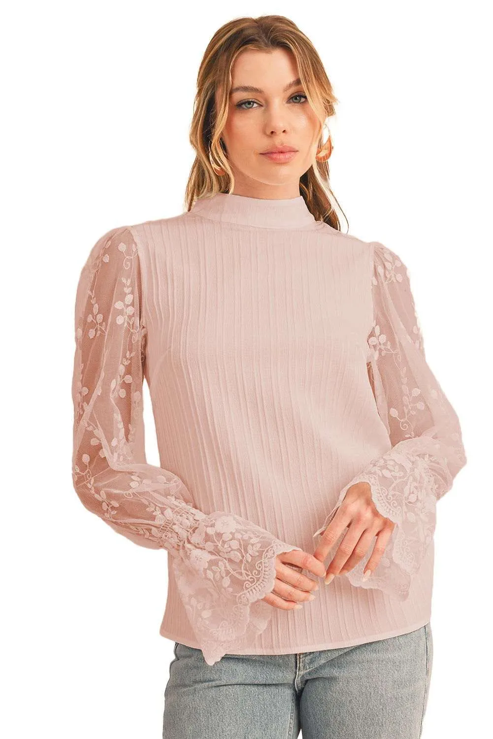 White Textured Contrast Lace Sleeve Mock Neck Blouse