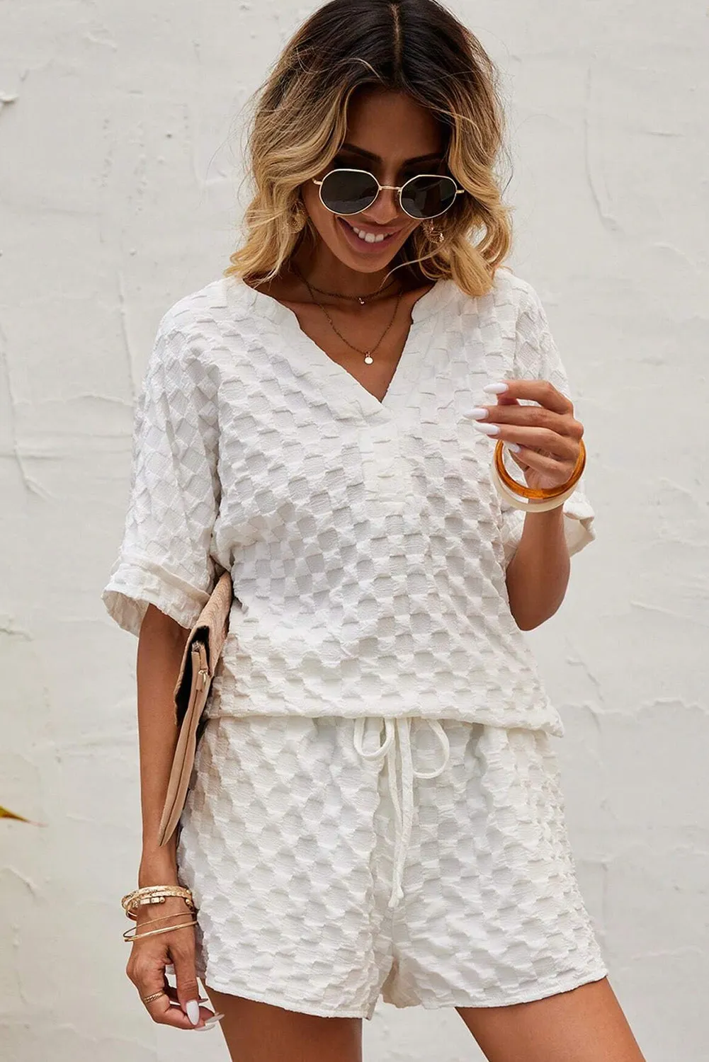 White Textured Split Neck Top and Drawstring Shorts Set