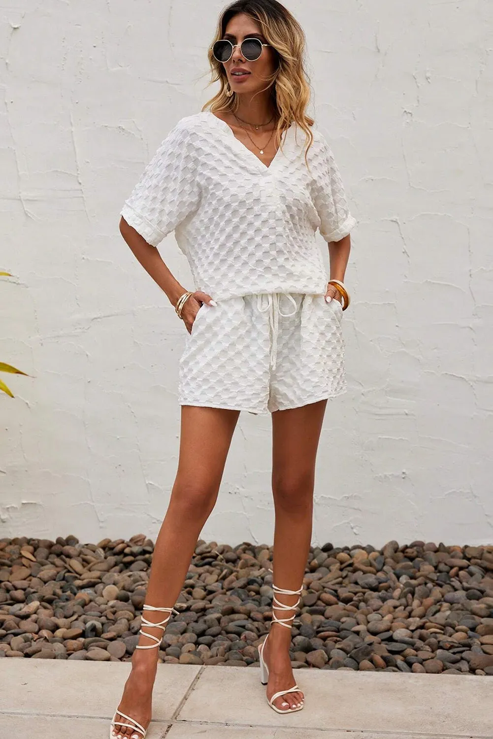 White Textured Split Neck Top and Drawstring Shorts Set