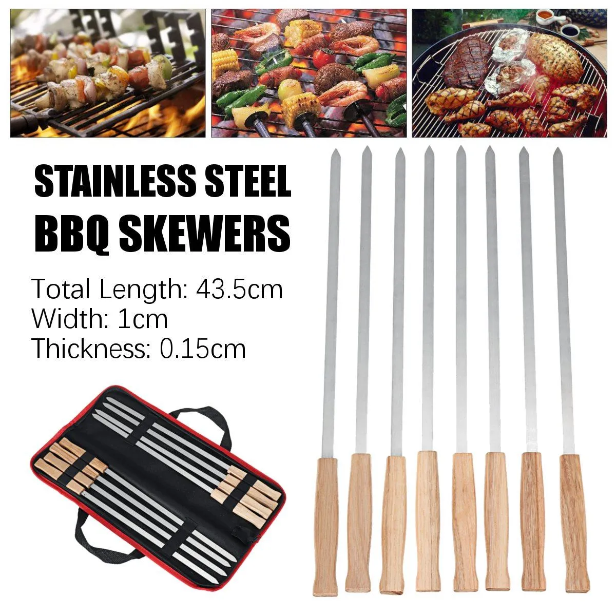 Wire BBQ Skewers Wood Handle Grill Roasting Sticks BBQ Tools