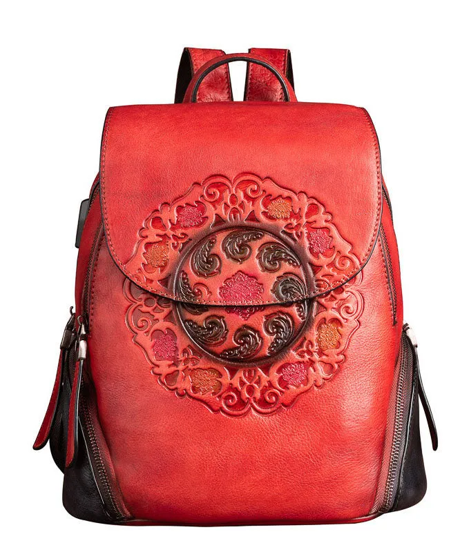 Women Red Embossing Paitings Calf Leather Backpack Bag