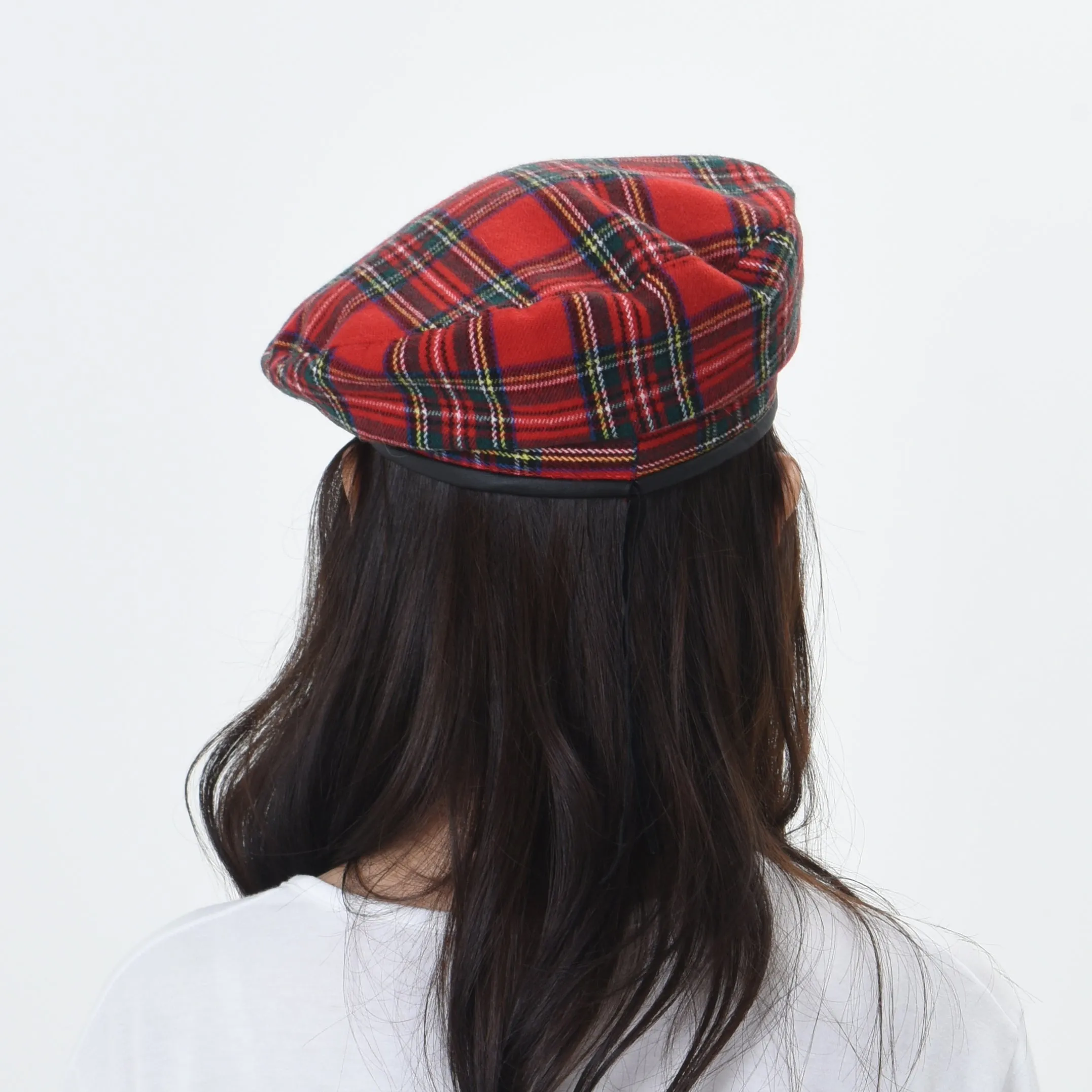 Wool Beret Hat Tartan Check Leather Sweatband KR9539