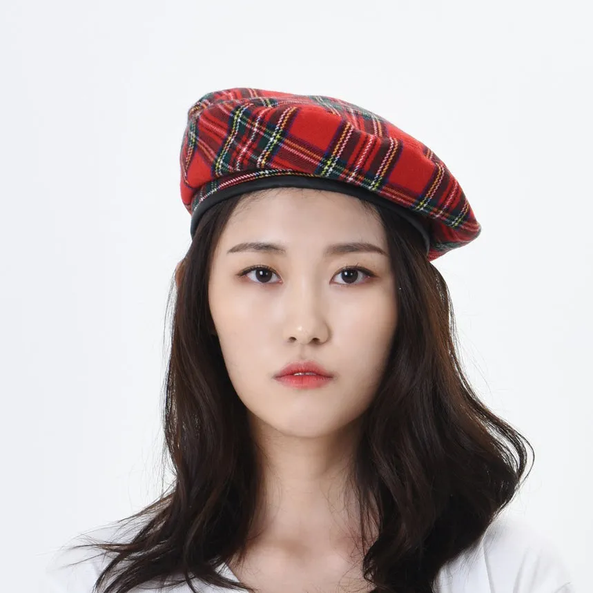 Wool Beret Hat Tartan Check Leather Sweatband KR9539